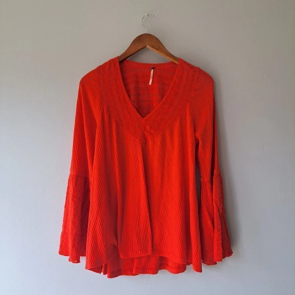 Free People Bright Orange Bell Sleeve V-Neck Top